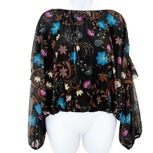 Free People Wildflower Honey Top Black Floral Cropped Peasant Mesh Sz Small